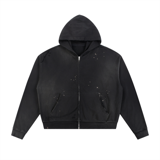 ODMPOD F3THY Sunfade frayed raw edge zip hoodie with distressed details and casual fit, displayed on a hanger.
