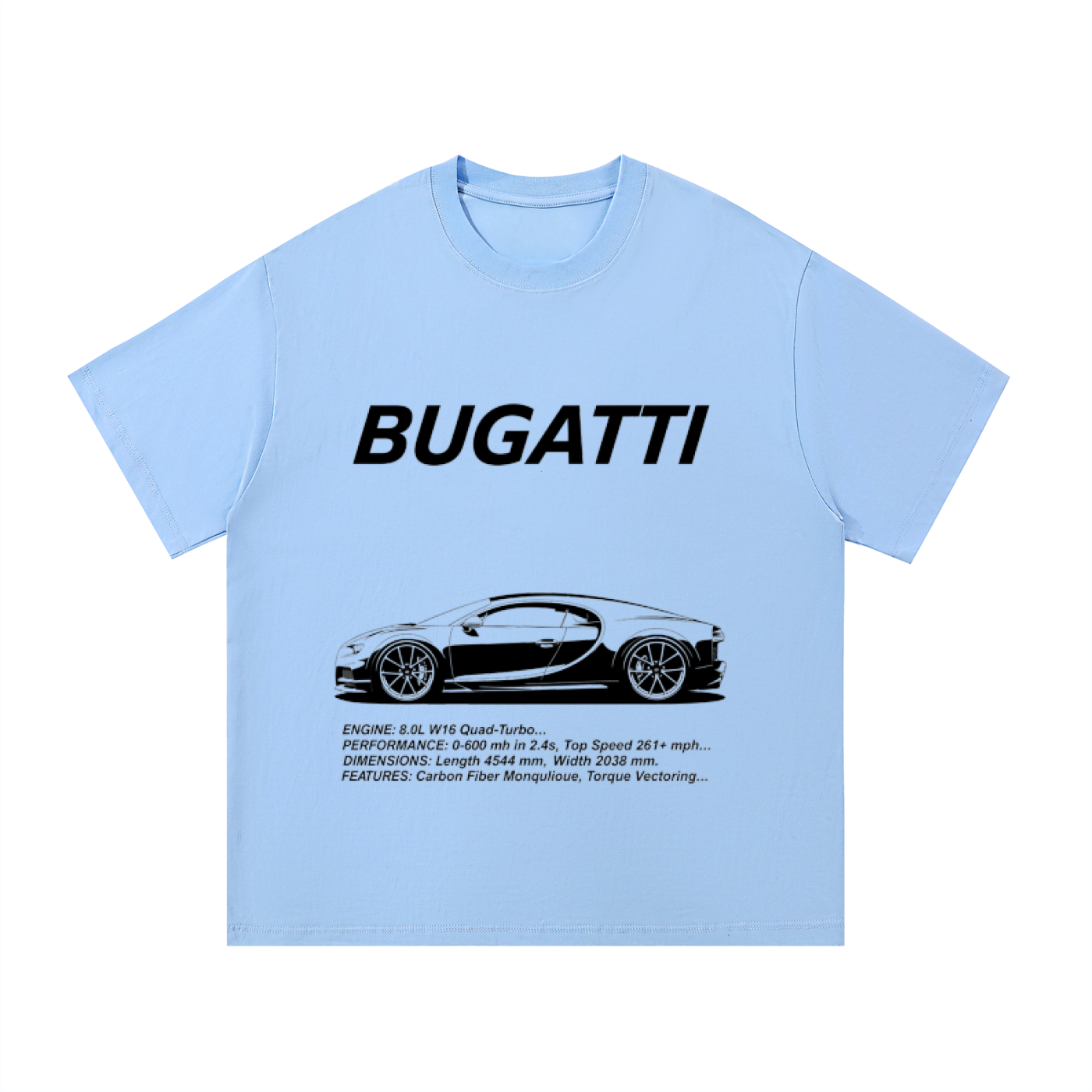 ODMPOD F3THY Bugatti Chiron T-shirt featuring a detailed graphic of the luxury sports car on soft fabric.