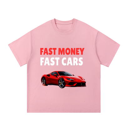 ODMPOD F3THY "Fast Money Fast Cars" tee shirt with front and back print, featuring bold racing-inspired design and graphic text.