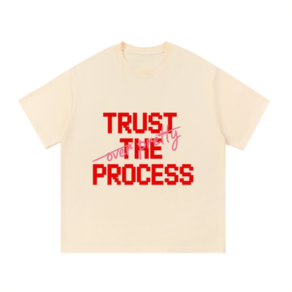 ODMPOD F3THY "Trust The Process" quote print in black, white, and apricot featuring front and back designs.