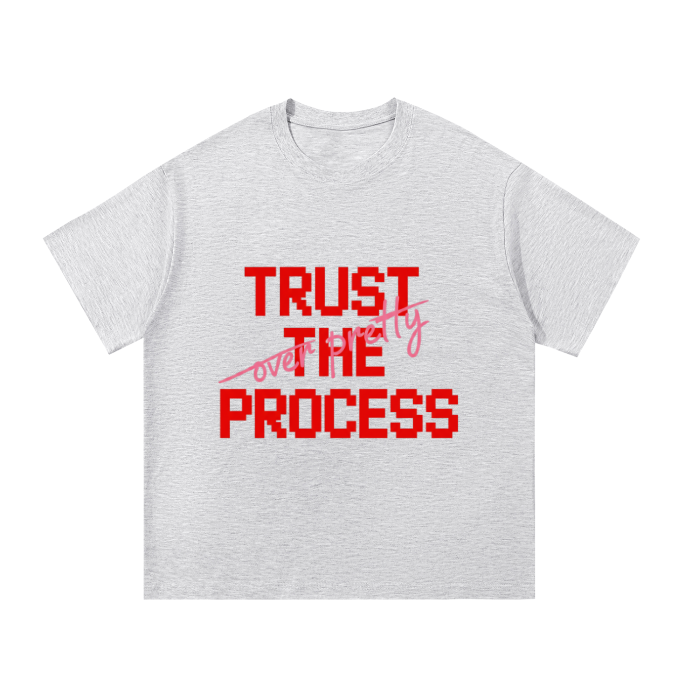 ODMPOD F3THY “TRUST THE PROCESS” quote print in black, white, and apricot featuring front and back motivational text.