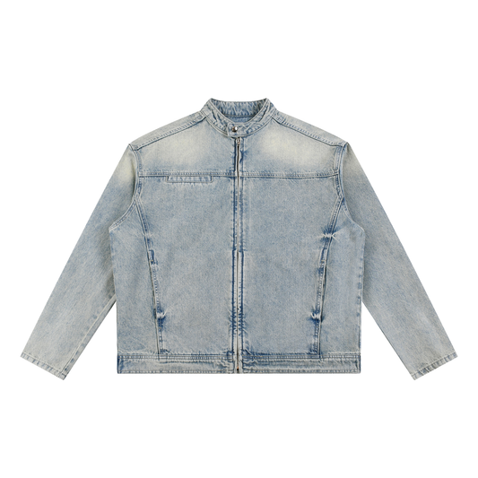 ODMPOD F3THY Vintage Wash Oversized Denim Zip Jacket, stylish blue denim with front zipper and relaxed fit.