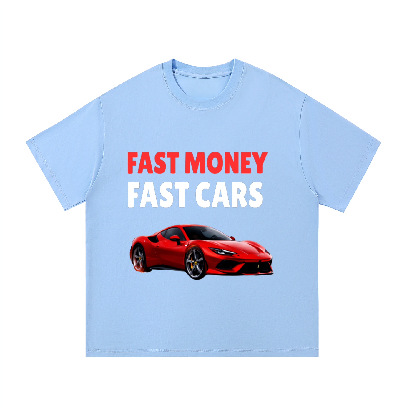 ODMPOD F3THY 'Fast Money Fast Cars' T-shirt with front and back print, featuring bold racing and money-themed graphics.