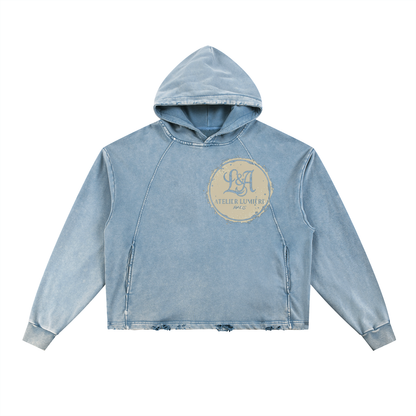 ODMPOD F3THY Reverie Couture Paris washed hoodie with frayed hem, casual style, soft fabric, and relaxed fit.