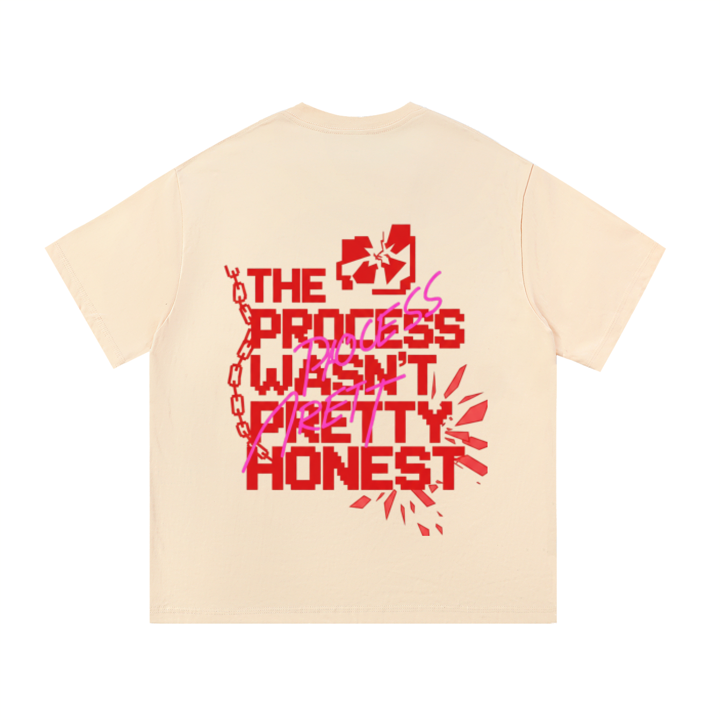 ODMPOD F3THY "Trust the Process" quote print in black, white, and apricot showcasing front and back designs