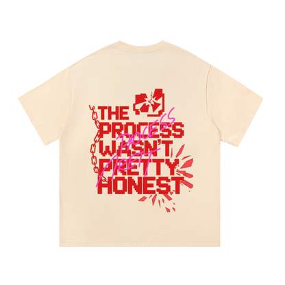 ODMPOD F3THY "Trust the Process" quote print in black, white, and apricot showcasing front and back designs