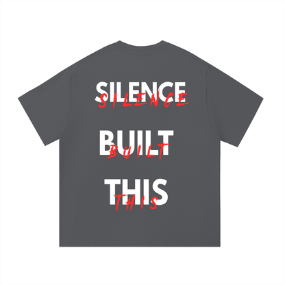 ODMPOD F3THY "Silence Built This" front and back print T-shirt with bold graphic design and text in black on a white tee.