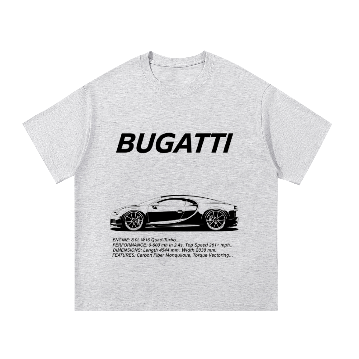 ODMPOD F3THY Bugatti Chiron T-shirt featuring a detailed graphic of the luxury car on soft fabric.