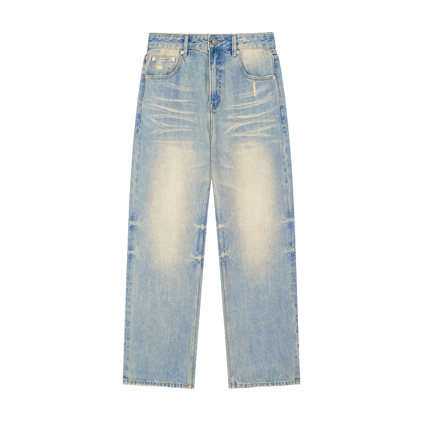 ODMPOD F3THY Sunfade Raw Hem Baggy Denim Jeans with relaxed fit and faded blue wash, displayed on a hanger.