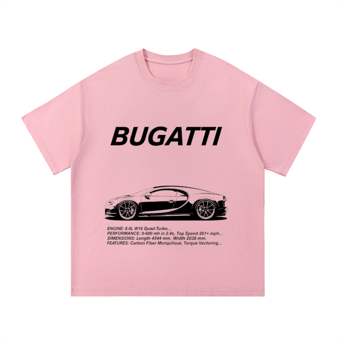 ODMPOD F3THY Bugatti Chiron T-shirt featuring a vibrant graphic of the luxury sports car on the front, casual and stylish.