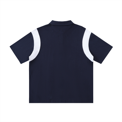 ODMPOD F3THY Contrast Panel Front Print Oversized Cotton Polo shirt displayed with bold front design and relaxed fit.