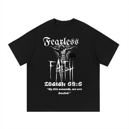 ODMPOD Fearless Faith T-shirt with front and back print featuring bold design and inspirational text on soft fabric.