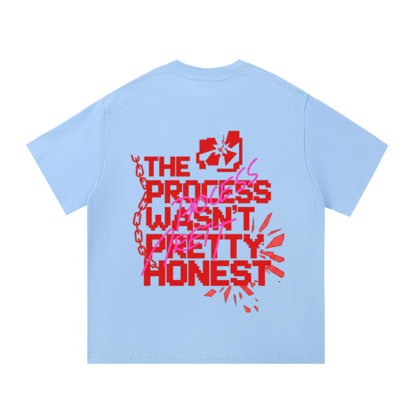 ODMPOD F3THY "Trust the Process" quote print in black, white, and apricot, featuring front and back design on paper.