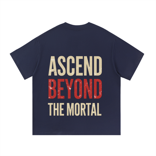 ODMPOD F3THY 'Ascend Beyond The Mortal' front and back print T-shirt showing detailed graphic design and bold text.