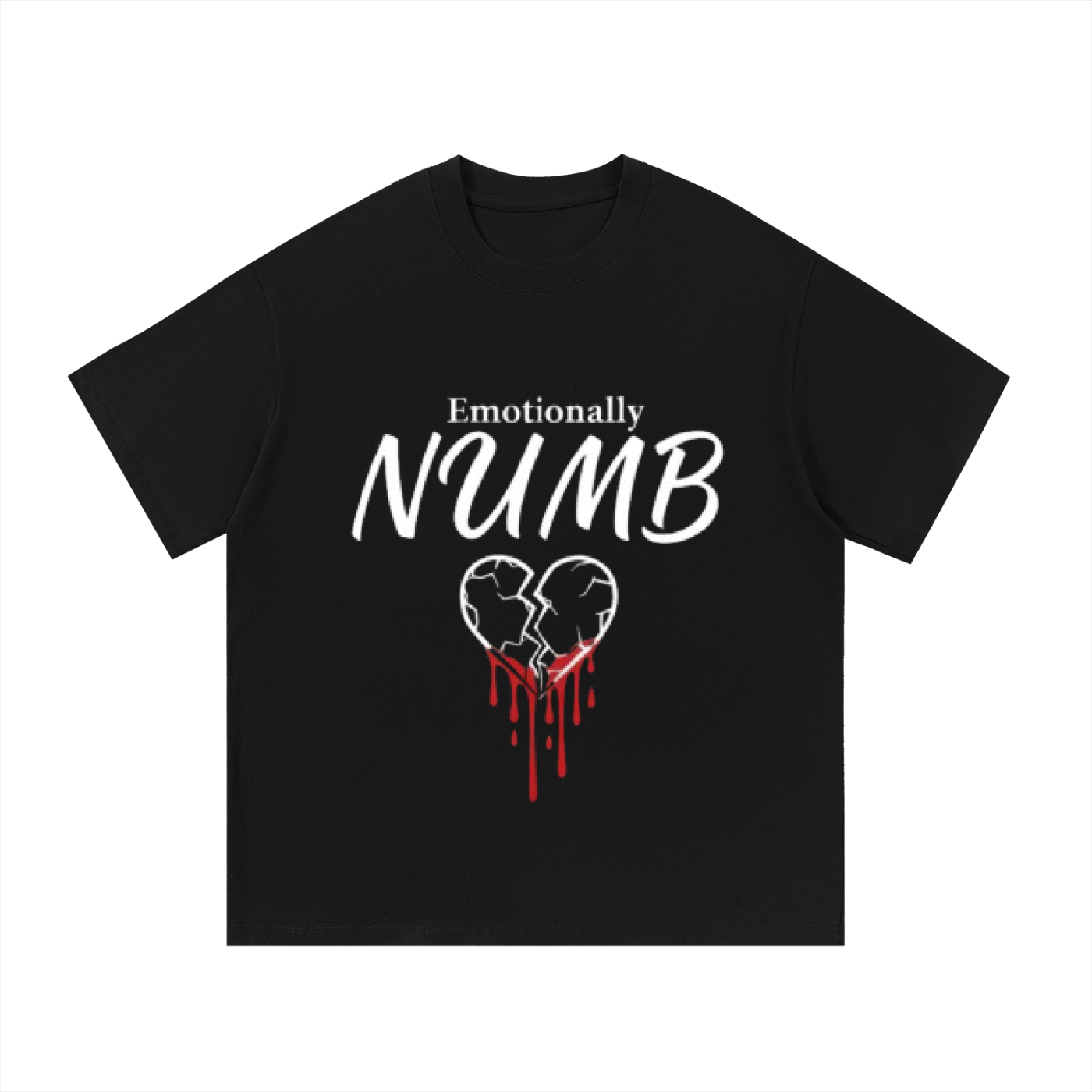 Black ODMPOD F3THY Numb quote front and back print T-shirt with bold text and graphic design.