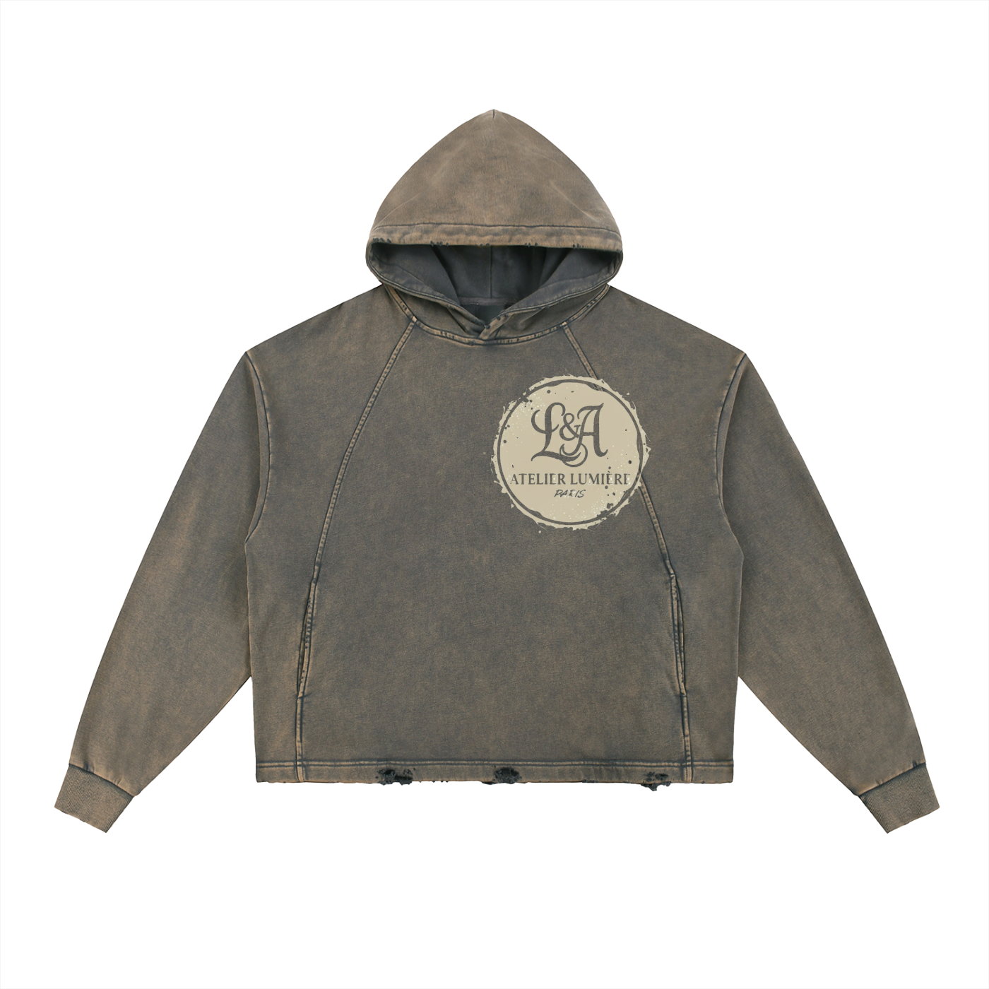 ODMPOD F3THY Reverie Couture Paris washed hoodie with frayed hem, featuring a casual fit and soft fabric in a trendy design.
