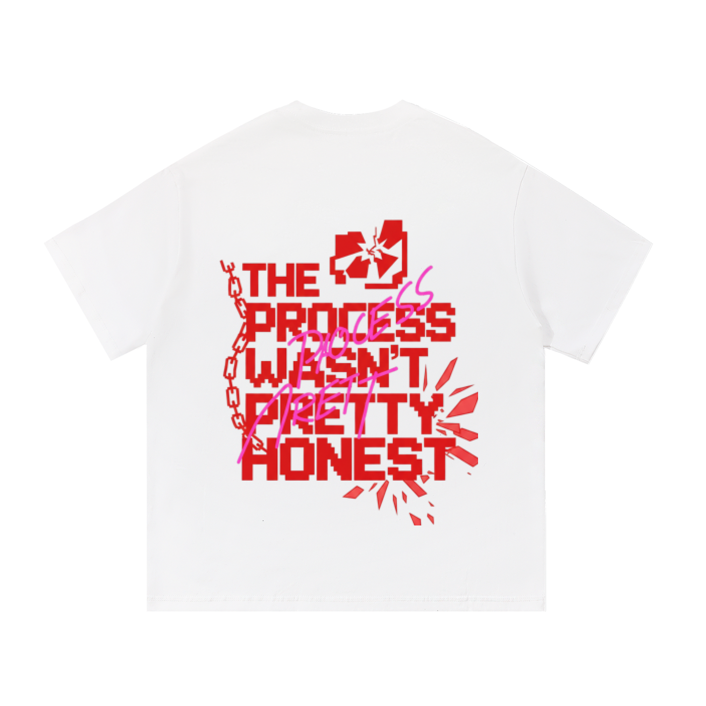 ODMPOD F3THY “Trust the Process” quote print in black, white, and apricot colors, featuring front and back design details.