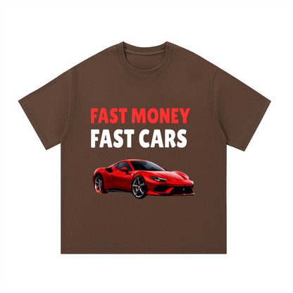 ODMPOD F3THY 'Fast Money Fast Cars' T-shirt with front and back print, showcasing bold graphic design and vibrant colors.