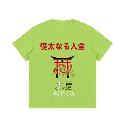 ODMPOD F3THY Osaka great hill front and back print T-shirt in black, blue, and green showing vibrant mountain design.