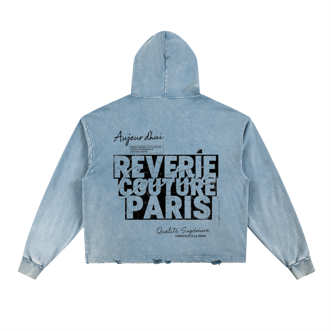 ODMPOD F3THY Reverie Couture Paris washed hoodie with frayed hem, soft fabric, and relaxed fit, displayed on a model.