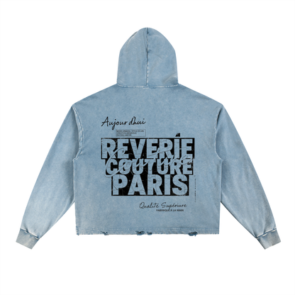 ODMPOD F3THY Reverie Couture Paris washed hoodie with frayed hem, soft fabric, and relaxed fit, displayed on a model.