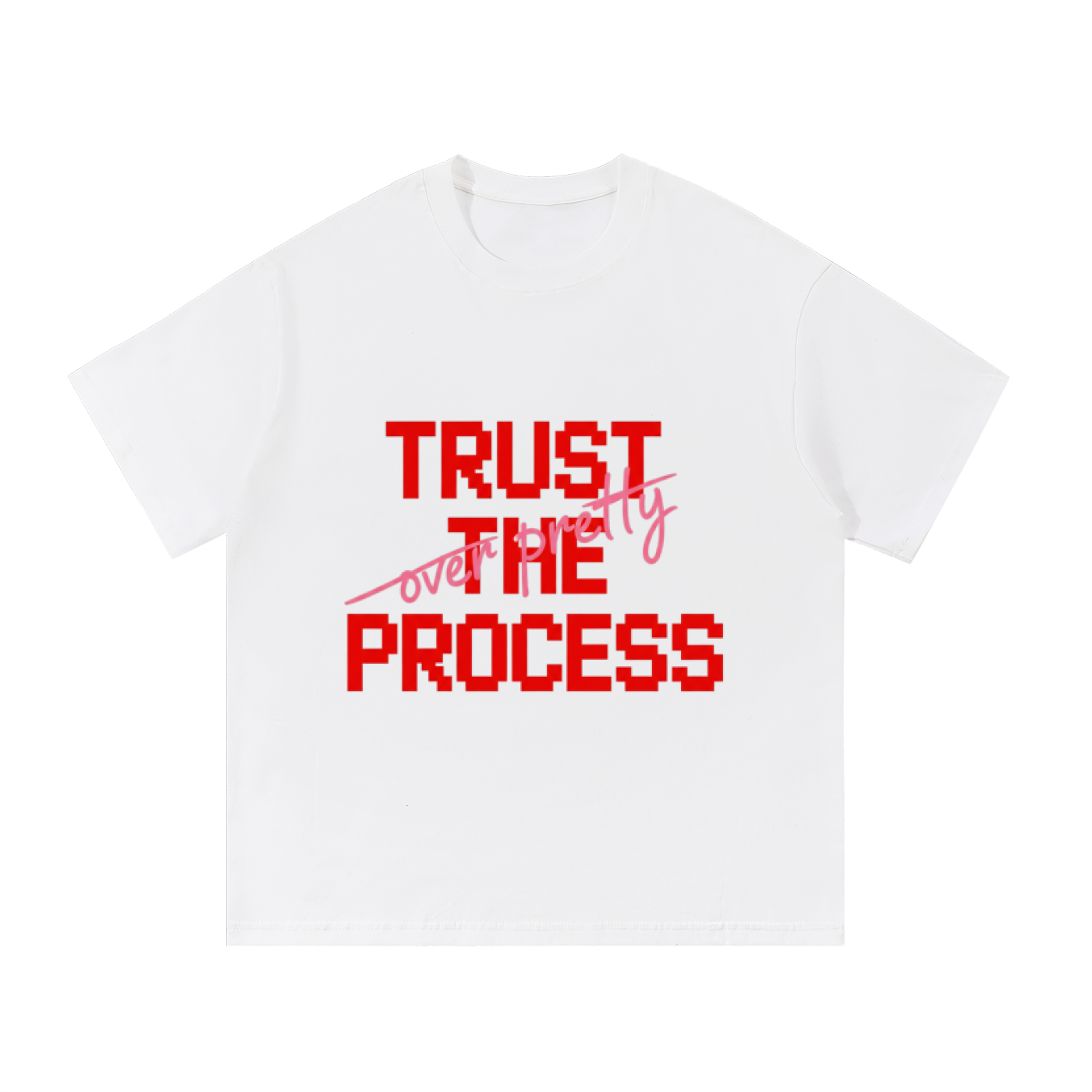 ODMPOD F3THY "Trust the Process" quote print in black, white, and apricot, front and back view of wall art with inspirational text.