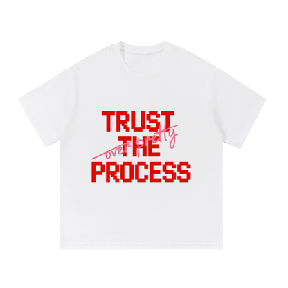 ODMPOD F3THY "Trust the Process" quote print in black, white, and apricot, front and back view of wall art with inspirational text.