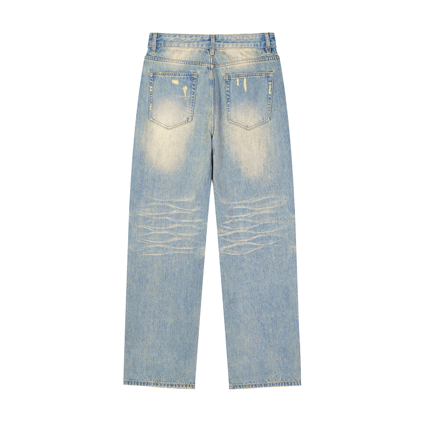 ODMPOD F3THY Sunfade Raw Hem Baggy Denim Jeans, front view showing distressed details and relaxed fit.