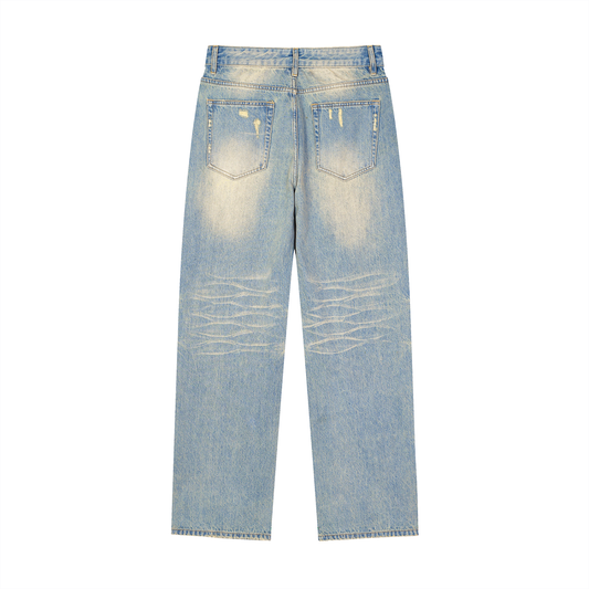 ODMPOD F3THY Sunfade Raw Hem Baggy Denim Jeans, front view showing distressed details and relaxed fit.