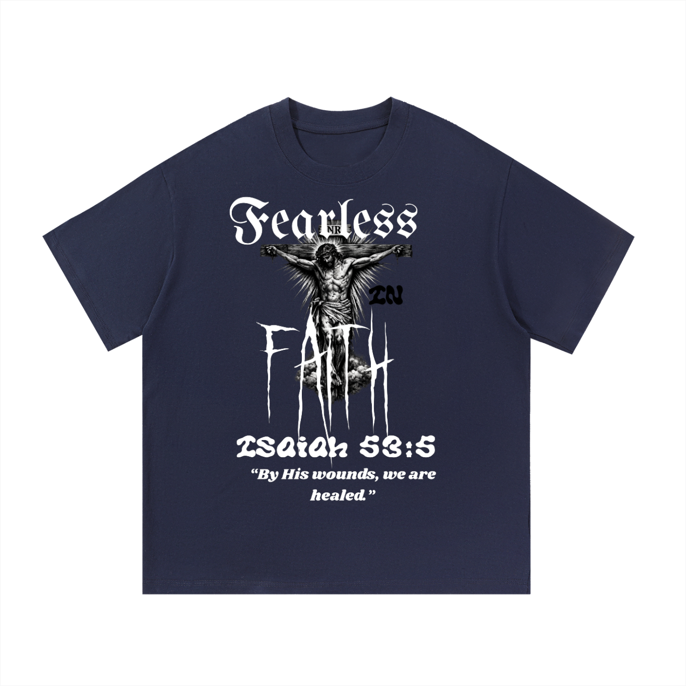 ODMPOD Fearless Faith T-shirt with front and back printed design, showcasing bold faith-themed artwork and typography.