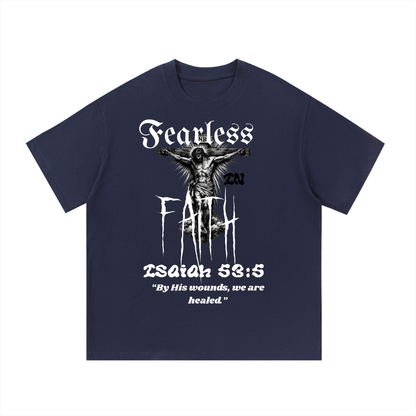 ODMPOD Fearless Faith T-shirt with front and back printed design, showcasing bold faith-themed artwork and typography.