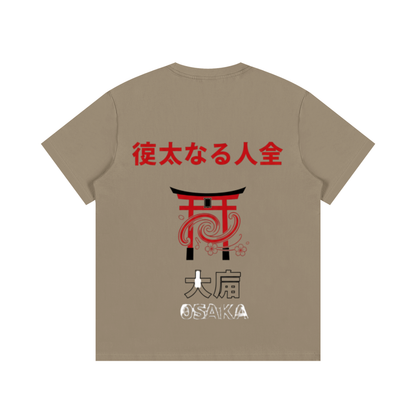 ODMPOD F3THY Osaka great hill front and back print T-shirt in black, blue, and green showcasing bold graphic design.