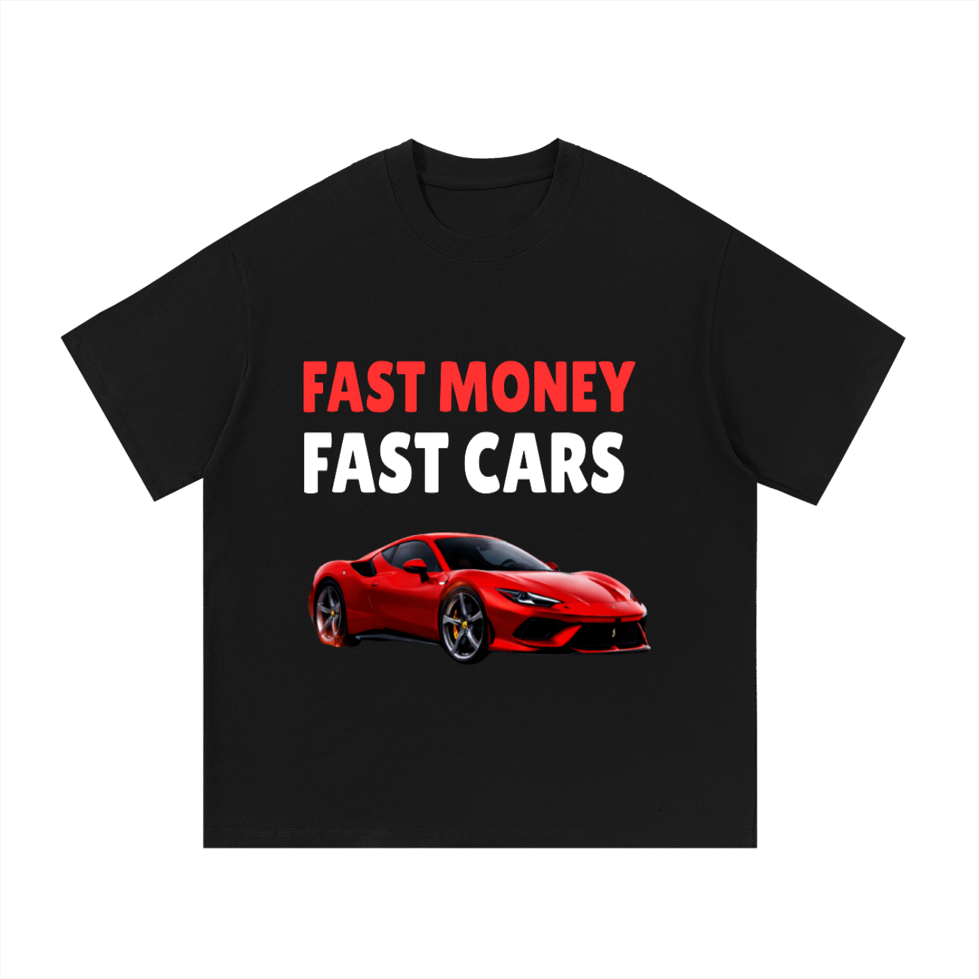 ODMPOD F3THY 'Fast Money Fast Cars' T-shirt with front and back print featuring bold automotive and money-themed graphics