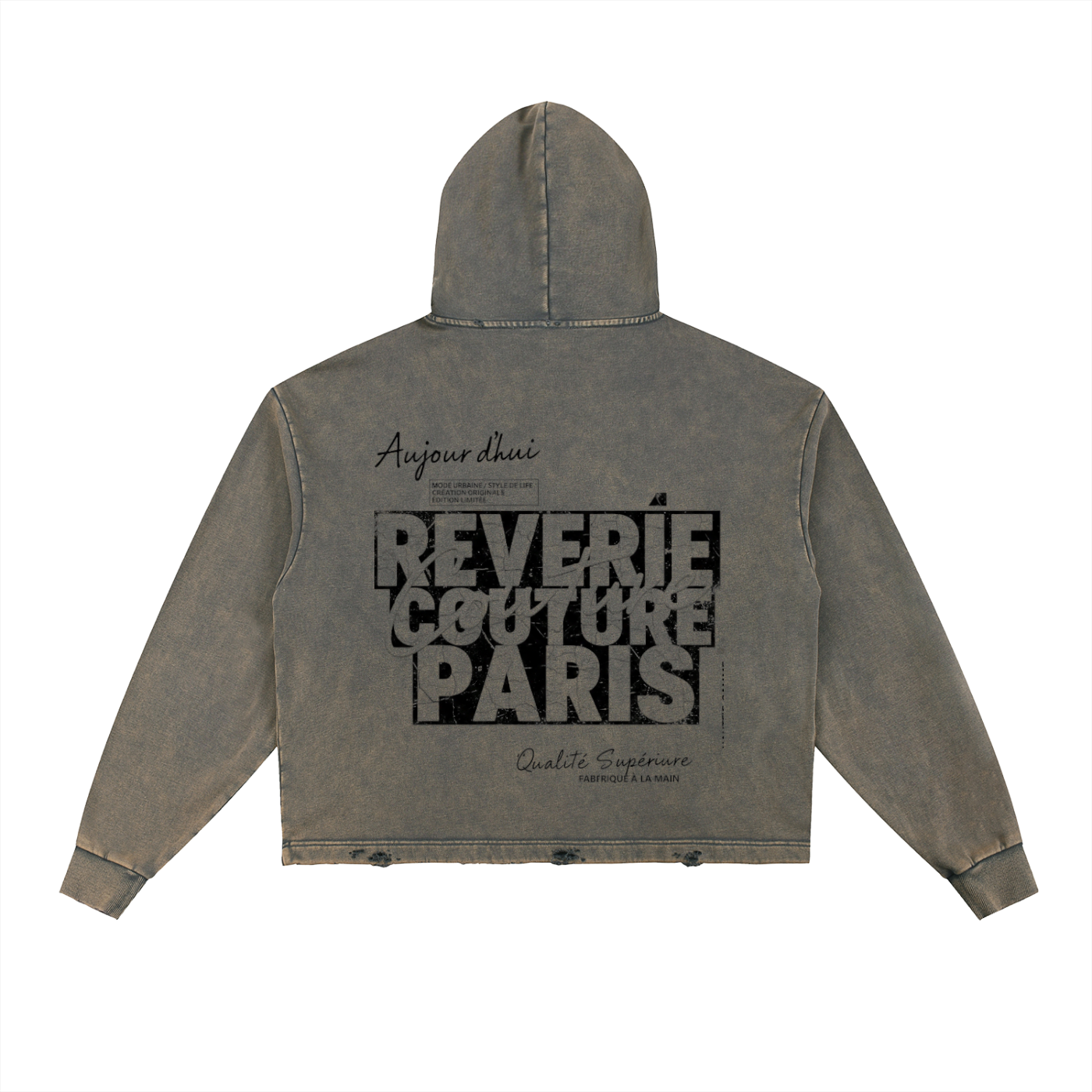 ODMPOD F3THY Reverie Couture Paris washed hoodie with frayed hem, casual streetwear style, shown in front view with textured fabric