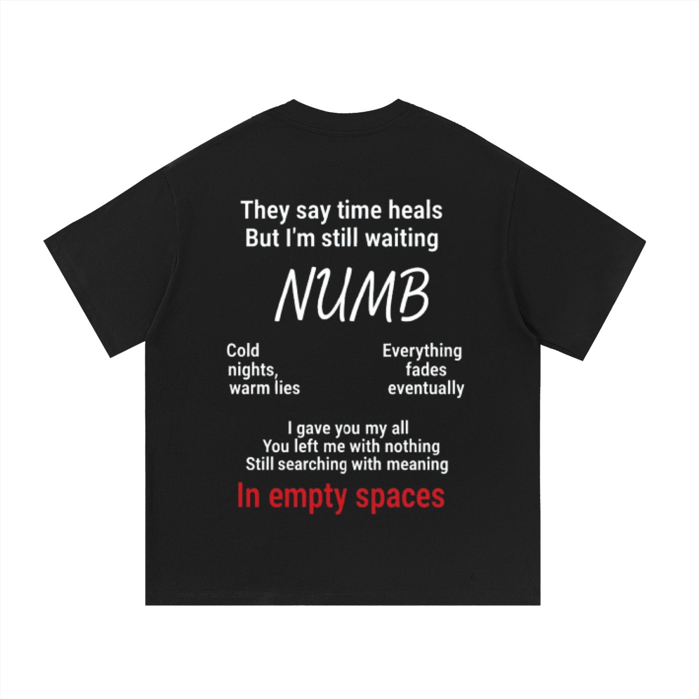 Black F3THY Numb quote front and back print T-shirt by ODMPOD, showcasing bold text design on soft cotton fabric.