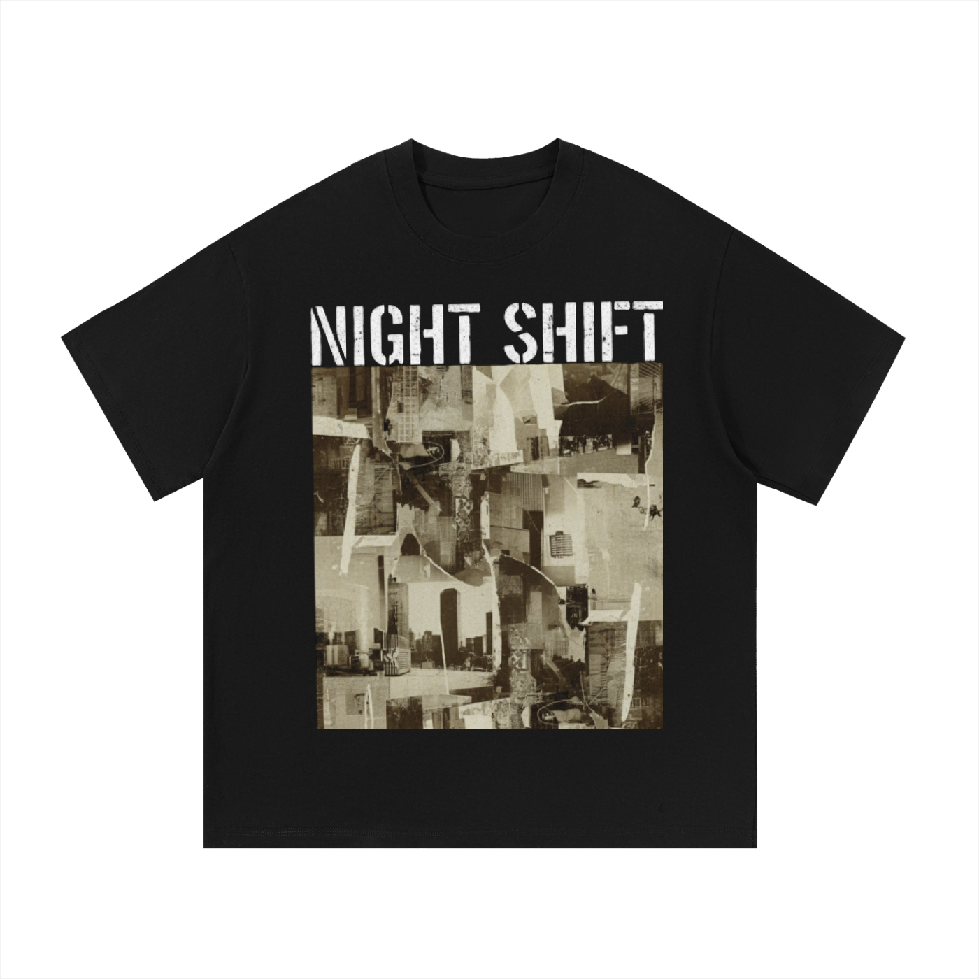 Black F3THY Night Shift Oversized Tee by ODMPOD, featuring a relaxed fit and casual style, displayed on a plain background.
