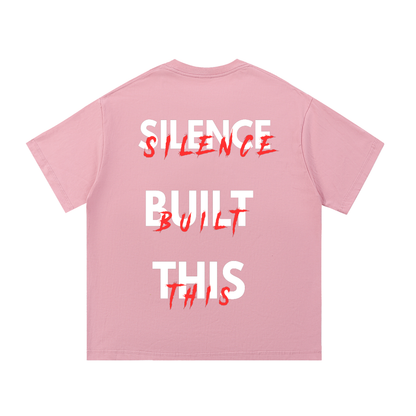 ODMPOD F3THY "Silence Built This" front and back print T-shirt displayed with bold graphic design and casual fit.