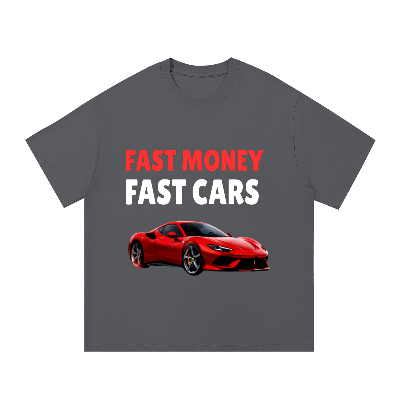 ODMPOD F3THY "Fast Money Fast Cars" T-shirt with front and back print showcasing bold automotive and financial graphics.