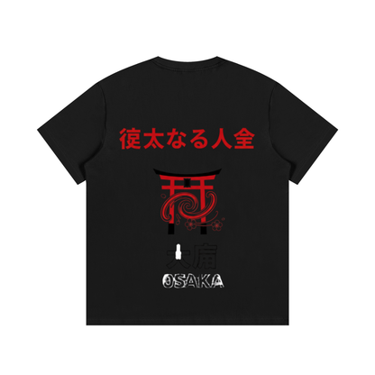 ODMPOD F3THY Osaka great hill T-shirt in black with blue and green front and back print, showcasing vibrant mountain design.