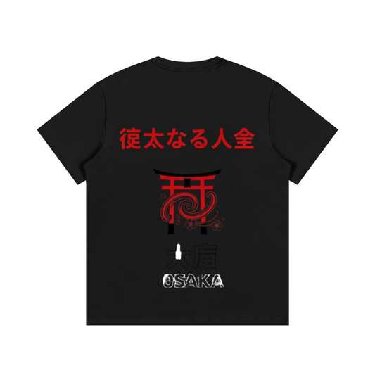 ODMPOD F3THY Osaka great hill T-shirt in black with blue and green front and back print, showcasing vibrant mountain design.