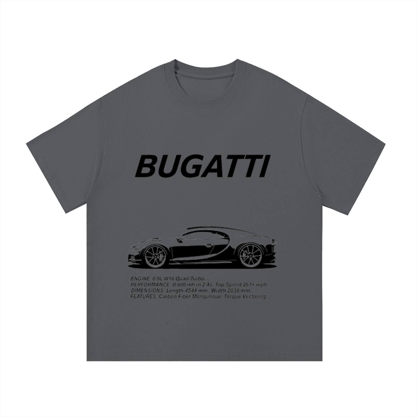 ODMPOD F3THY Bugatti Chiron T-shirt featuring a detailed graphic design of the luxury car on soft fabric.