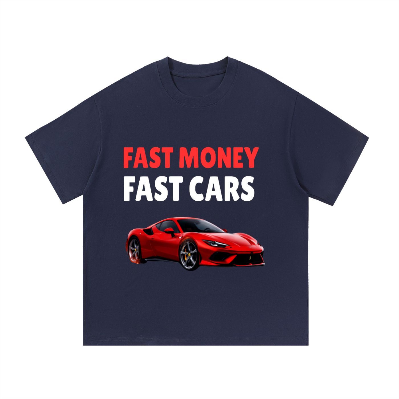 ODMPOD F3THY 'Fast Money Fast Cars' T-shirt with front and back print, showcasing bold automotive and financial-themed design.