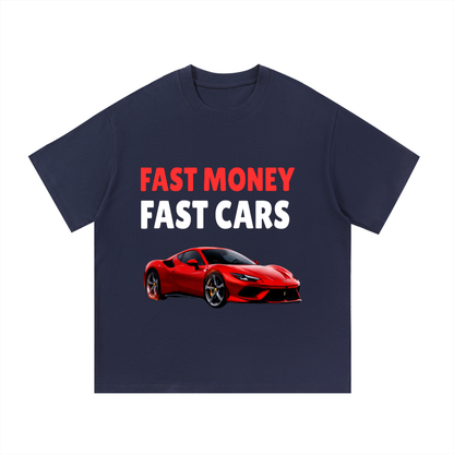 ODMPOD F3THY 'Fast Money Fast Cars' T-shirt with front and back print, showcasing bold automotive and financial-themed design.