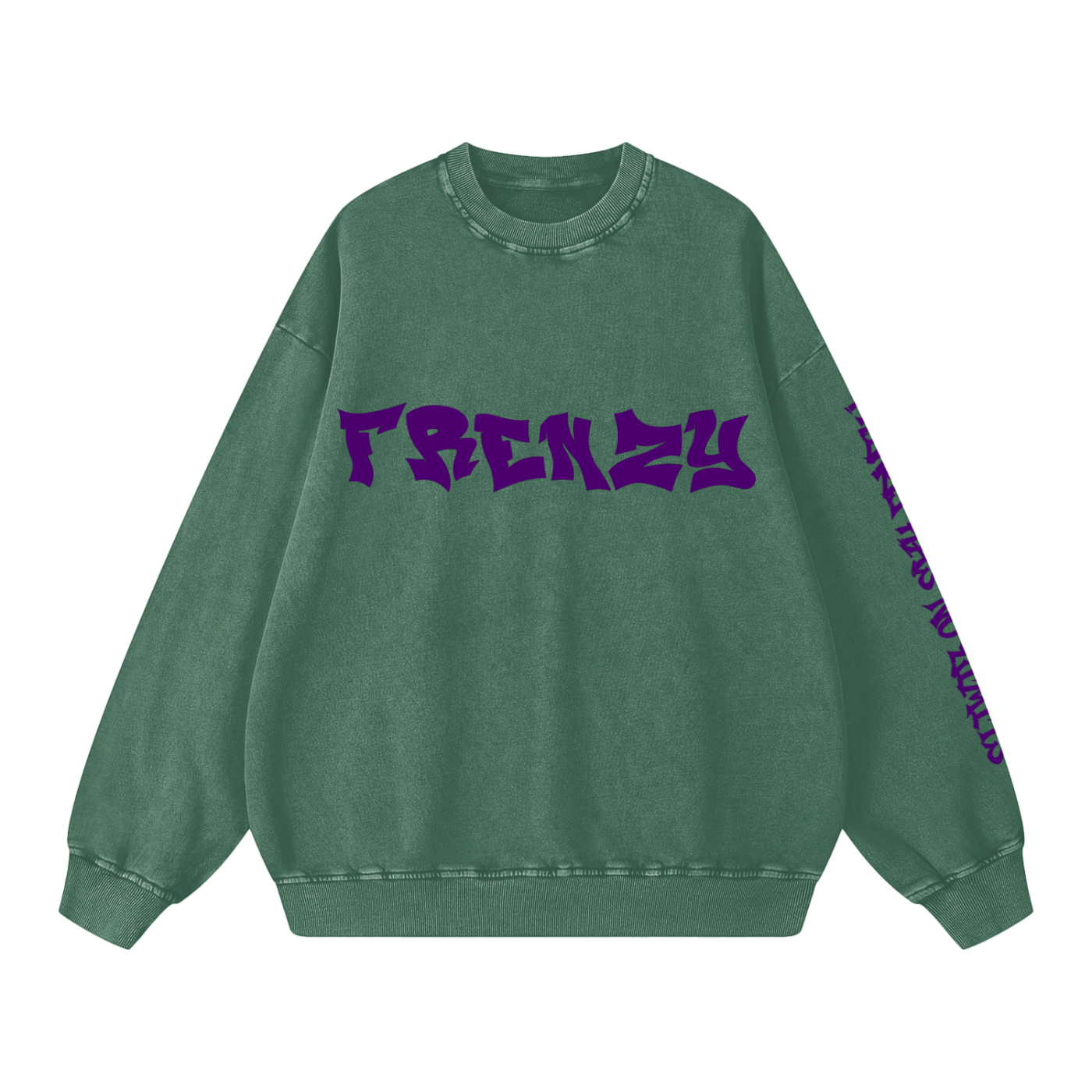 ODMPOD F3THY “FRENZY” snow washed crewneck sweatshirt, soft fabric with faded print, displayed on a hanger.