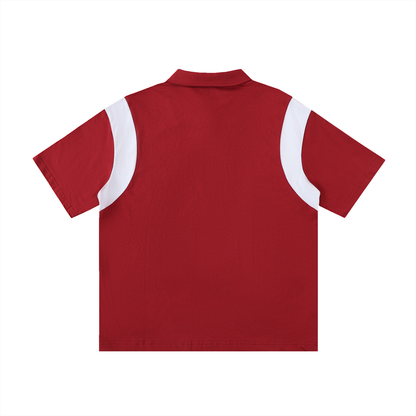 ODMPOD F3THY Contrast Panel Front Print Oversized Cotton Polo shirt showing bold front print and relaxed fit.