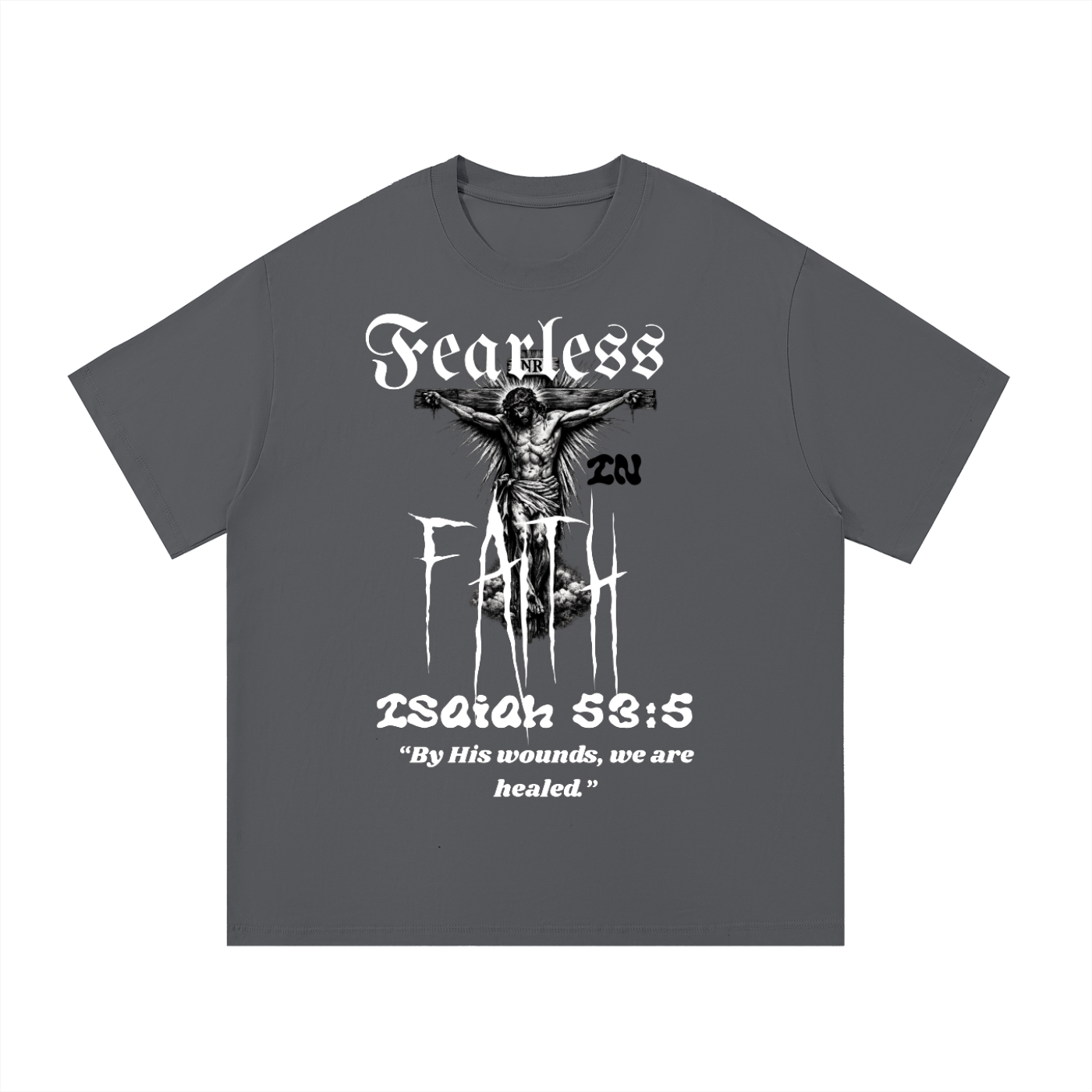 ODMPOD Fearless Faith T-shirt with front and back print, featuring bold graphic design on a casual cotton tee.