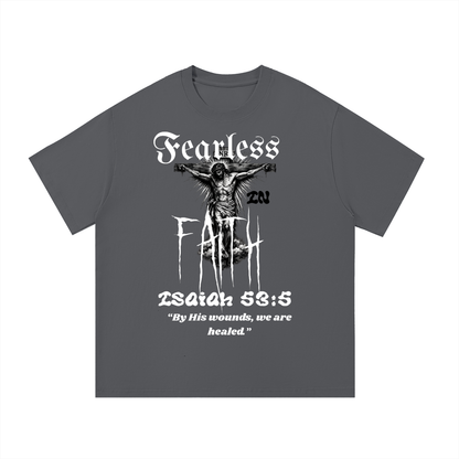 ODMPOD Fearless Faith T-shirt with front and back print, featuring bold graphic design on a casual cotton tee.