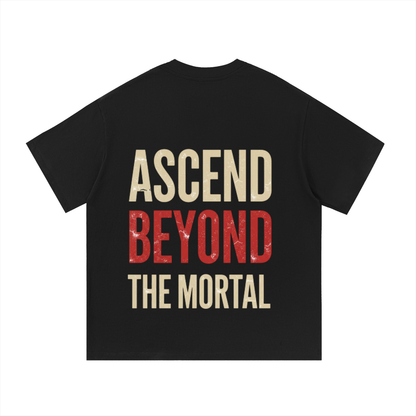 ODMPOD F3THY 'Ascend Beyond The Mortal' T-shirt with front and back print, featuring artistic design on a casual black T-shirt.