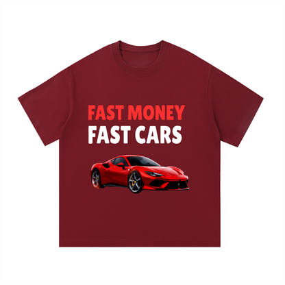 ODMPOD F3THY "Fast Money Fast Cars" T-shirt with front and back print, featuring bold automotive and financial graphics.