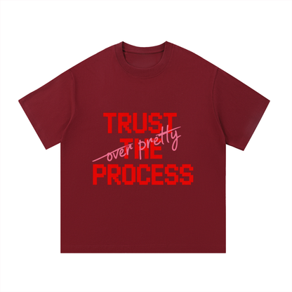 ODMPOD F3THY “Trust the Process” quote print in black, white, and apricot featuring front and back designs.